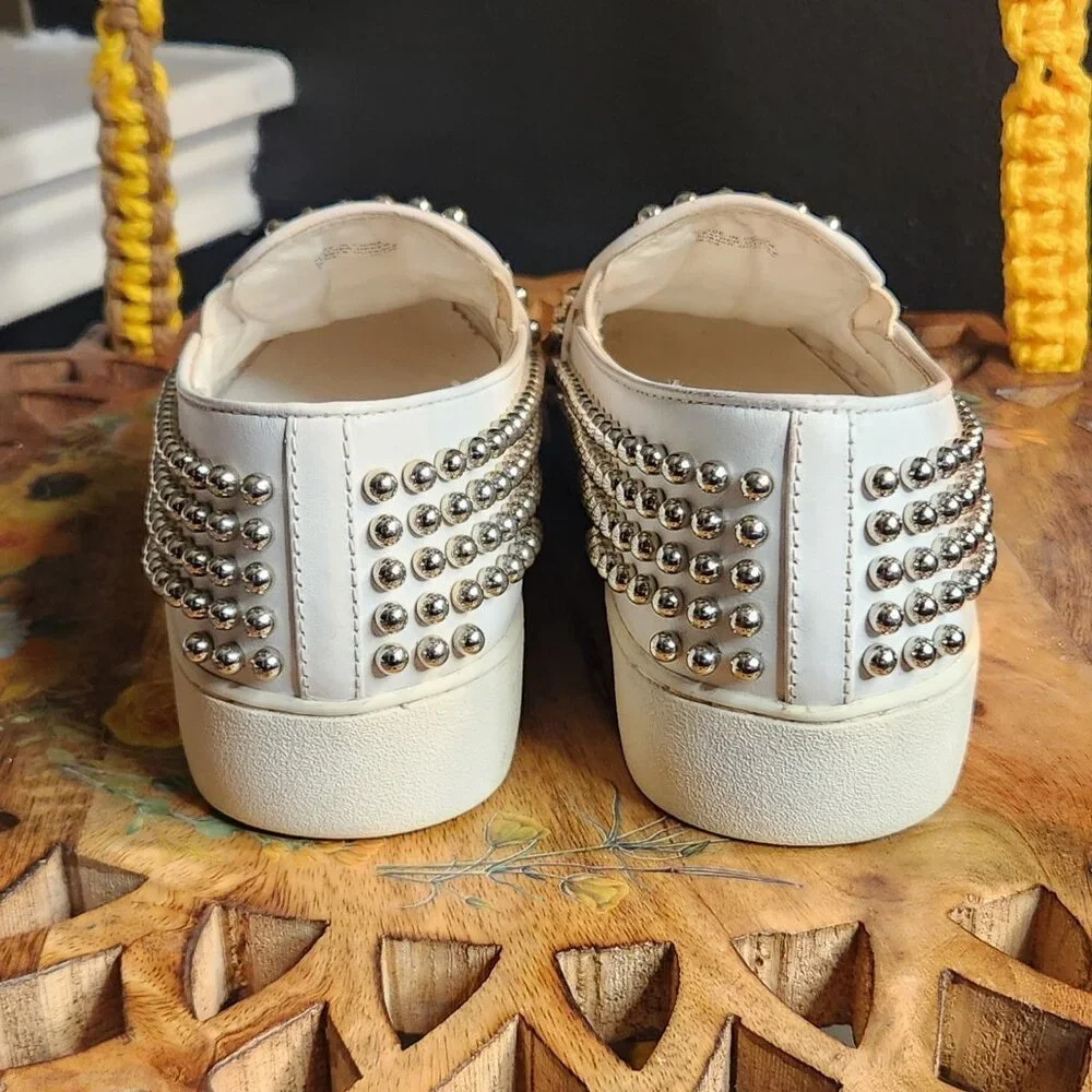 Michael Kors White Leather Slip-On Sneakers with Silver Studs